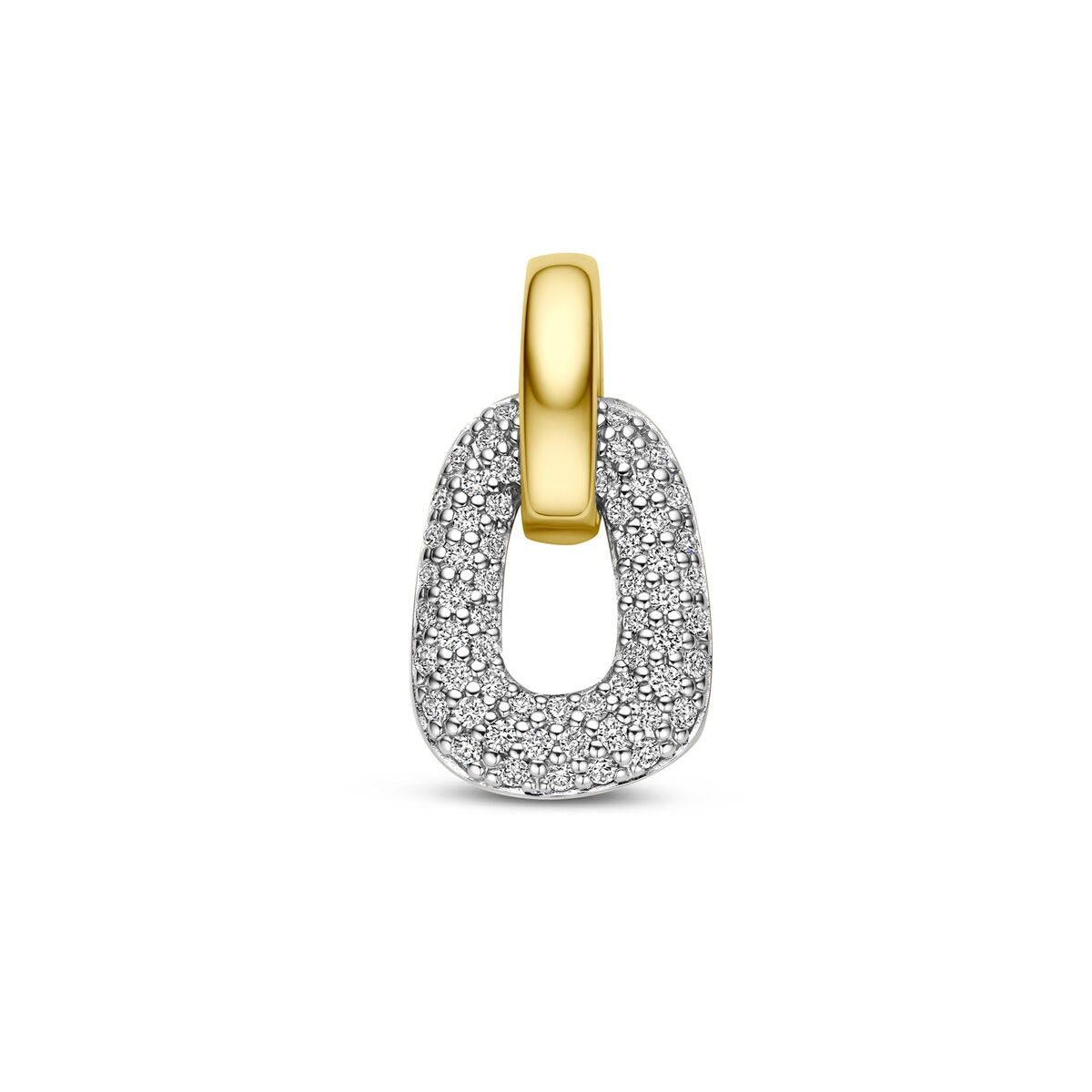 Pendentif en or bicolore 14 carats avec diamants, forme ovale et finition brillante.