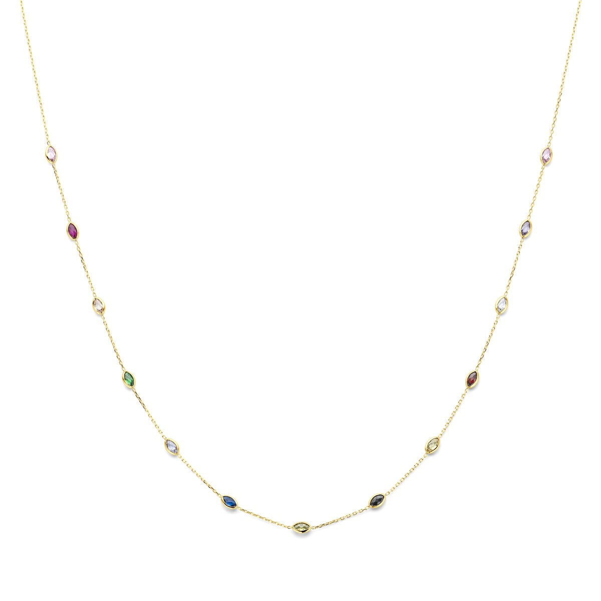 Geelgouden collier met gekleurde zirkonia, verstelbaar van 41 tot 45 cm, met een fijne schakelstructuur.