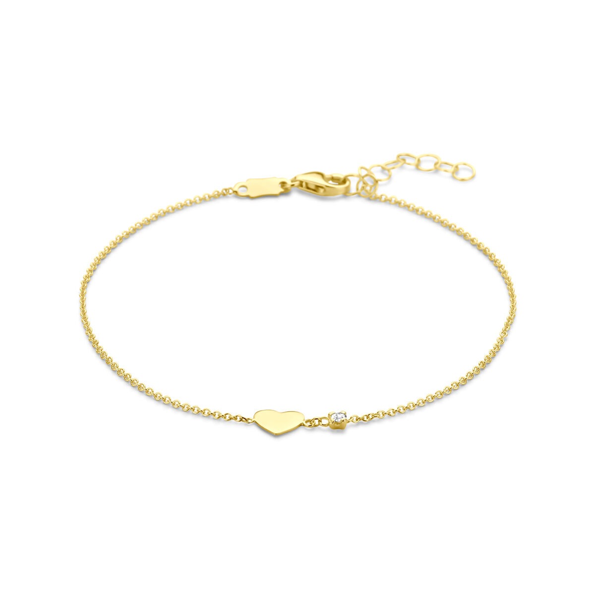 Bracelet en or jaune 14 carats avec un petit cœur et un diamant, longueur ajustable de 16 à 18 cm.