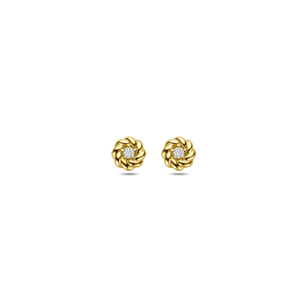 Boucles d'oreilles en or jaune 14 carats avec zirconia, de forme ronde et décorées de motifs en relief.