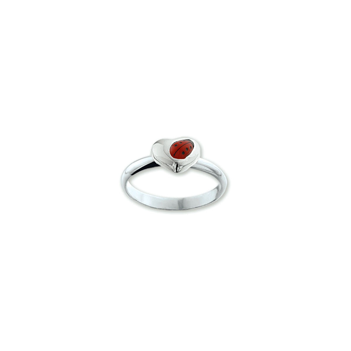 Bague en argent rhodié avec un cœur et un coccinelle rouge.