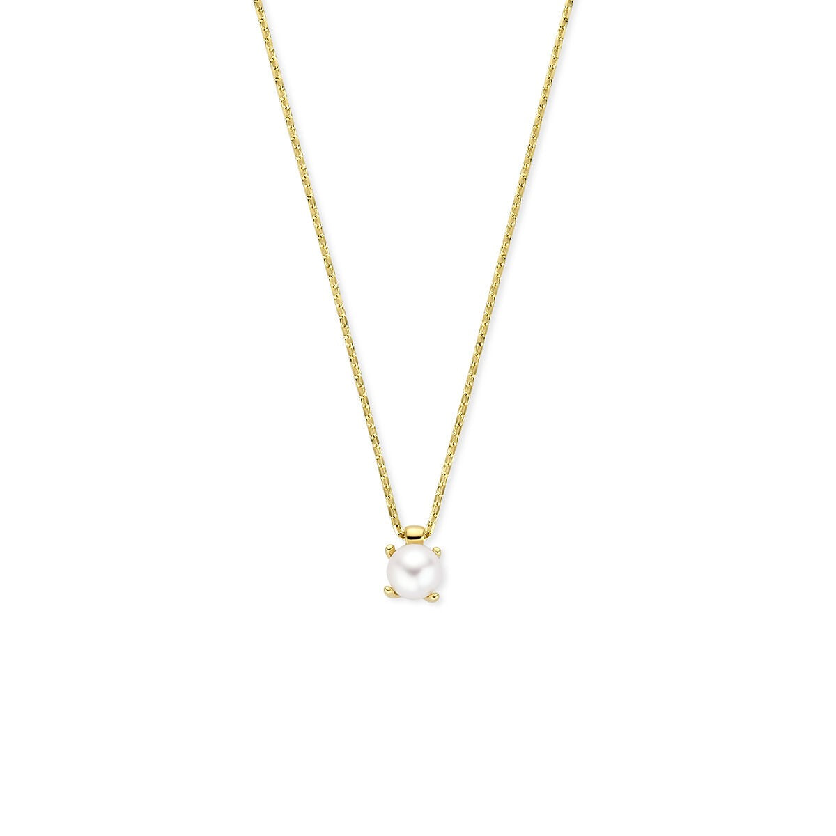 Collier en or jaune 14 carats avec une perle suspendue.