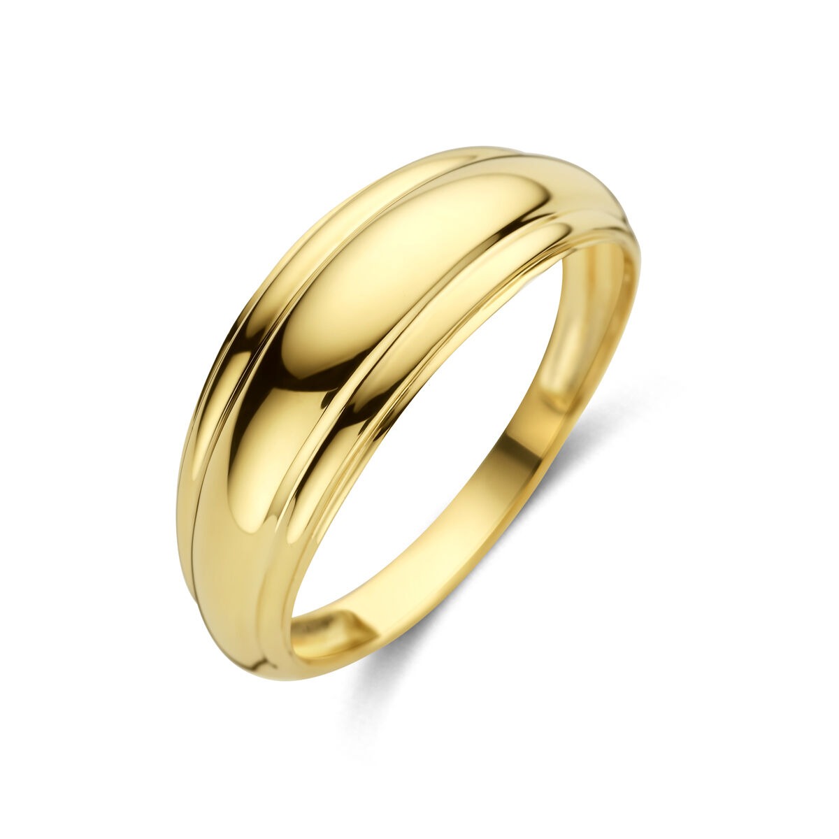 Bague en or jaune 14 carats avec une large bande lisse et brillante.