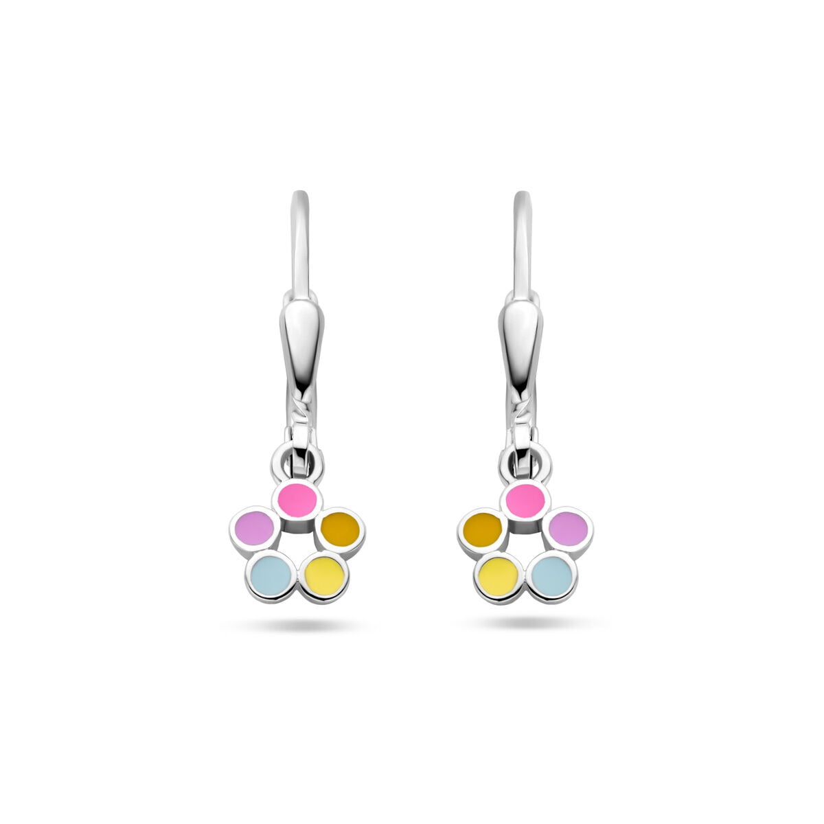 Boucles d'oreilles en argent rhodié en forme de fleur avec émail coloré rose, jaune et bleu.