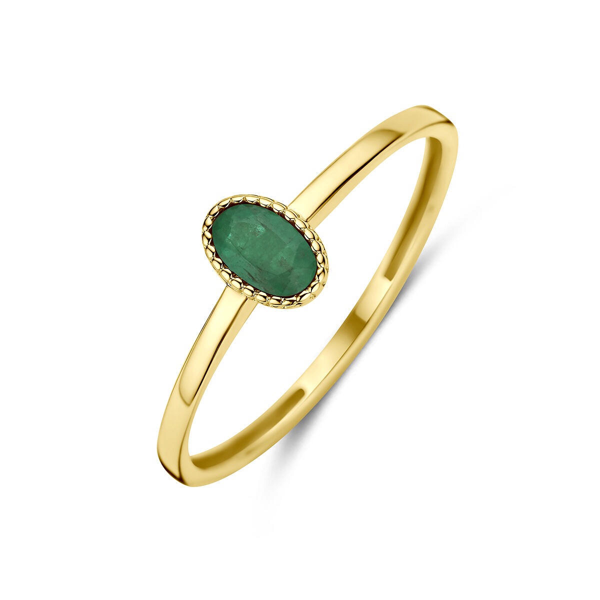 Bague en or jaune 9 carats avec une émeraude ovale sertie.