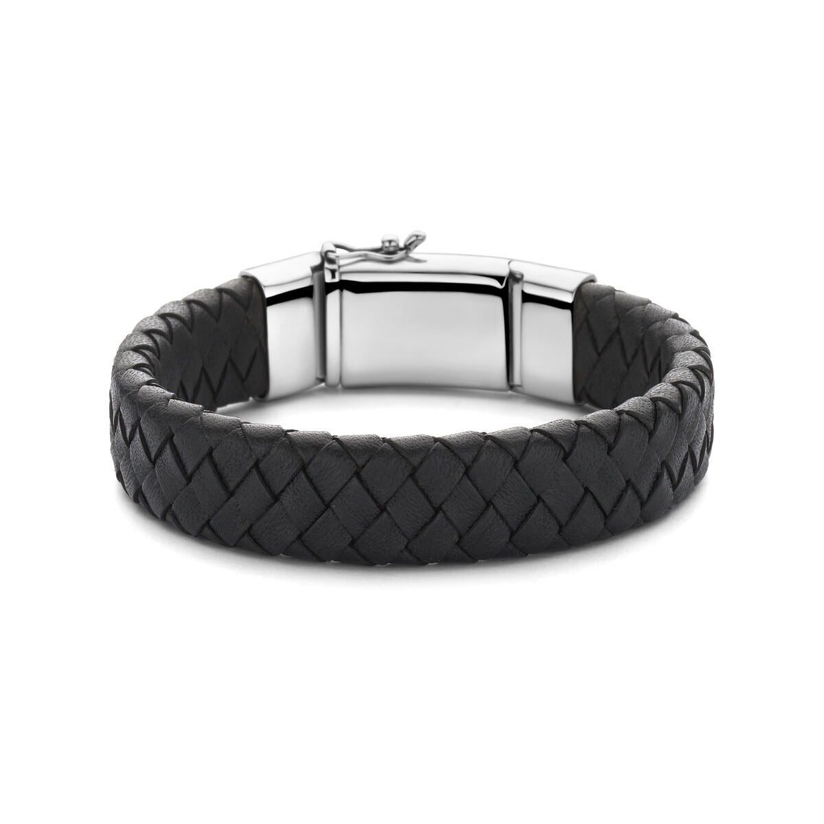 Zwarte leren armband met gevlochten design en gerhodineerde zilveren sluiting van 21 cm.