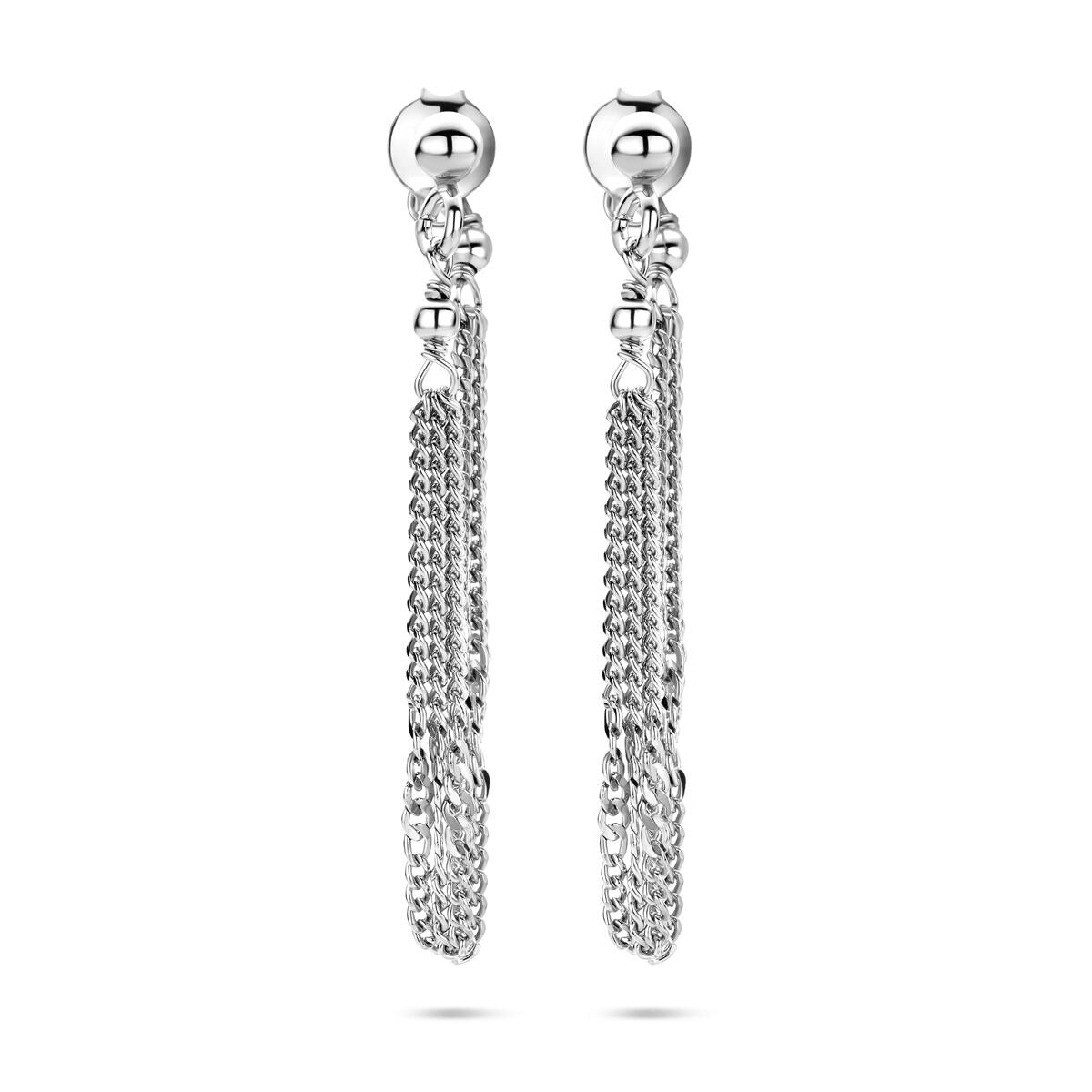 Boucles d'oreilles argentées 925 rhodiées avec des chaînes pendantes.