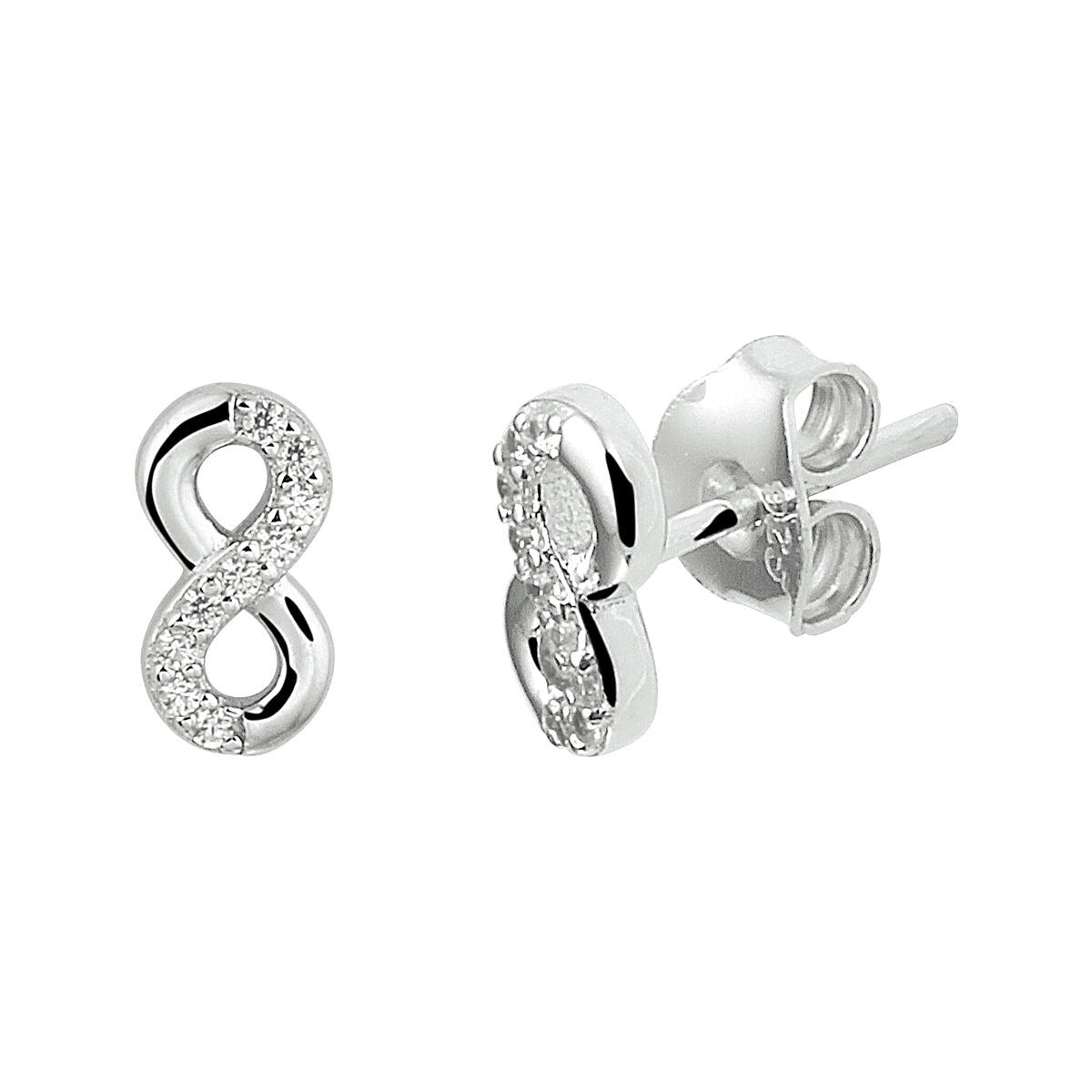 Boucles d'oreilles en argent 925 rhodié en forme d'infini, ornées de zirconiums.
