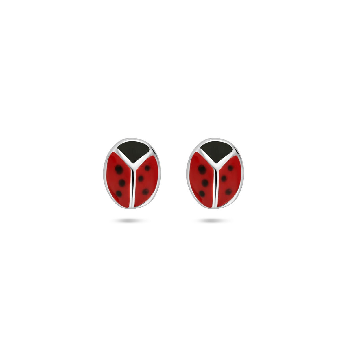 Boucles d'oreilles en argent 925 en forme de coccinelle, avec des détails rouges et noirs.