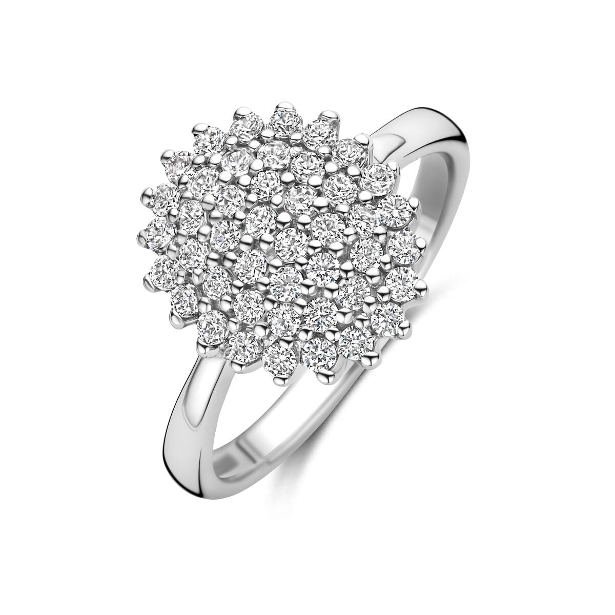 Bague en argent 925 rhodié ornée de zirconiums en forme de fleur.