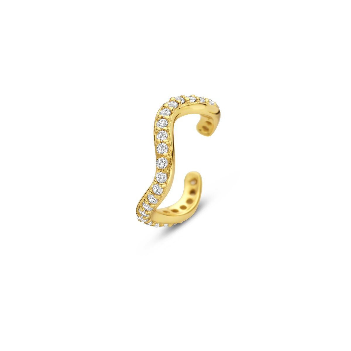 Ear cuff en or en argent doré avec zircons, design ondulé et détails scintillants.