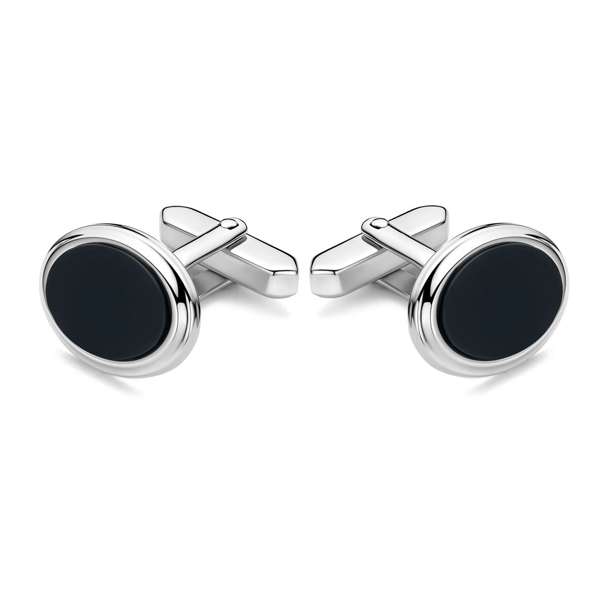 Boutons de manchette en argent 925 rhodié avec onyx noir, forme ovale et finition brillante.