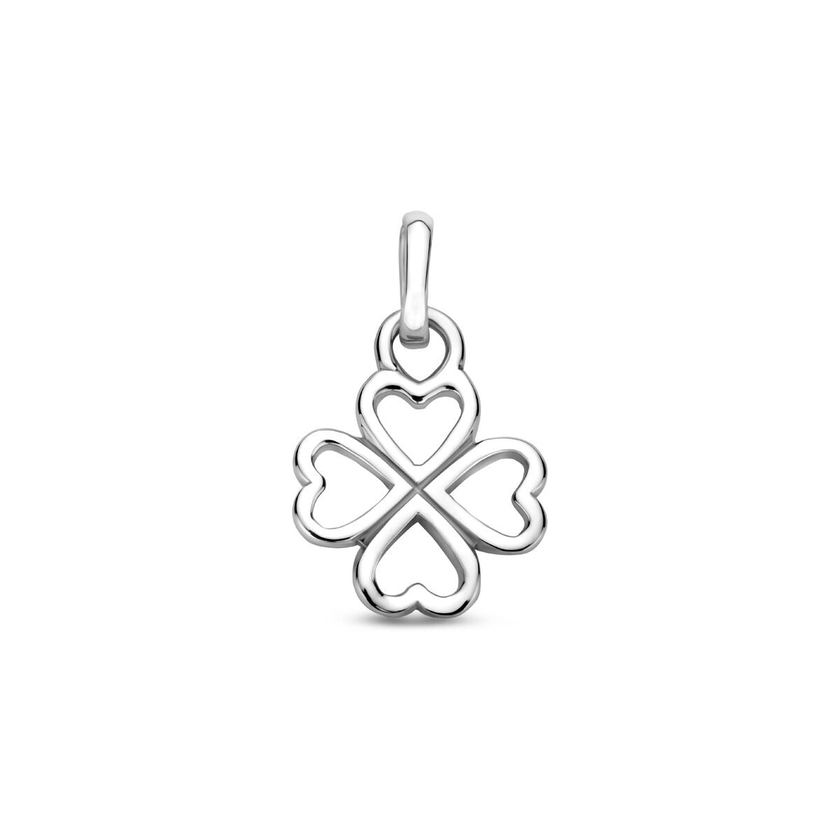 pendentif en argent rhodié en forme de trèfle à quatre cœurs, mesurant 17 mm.