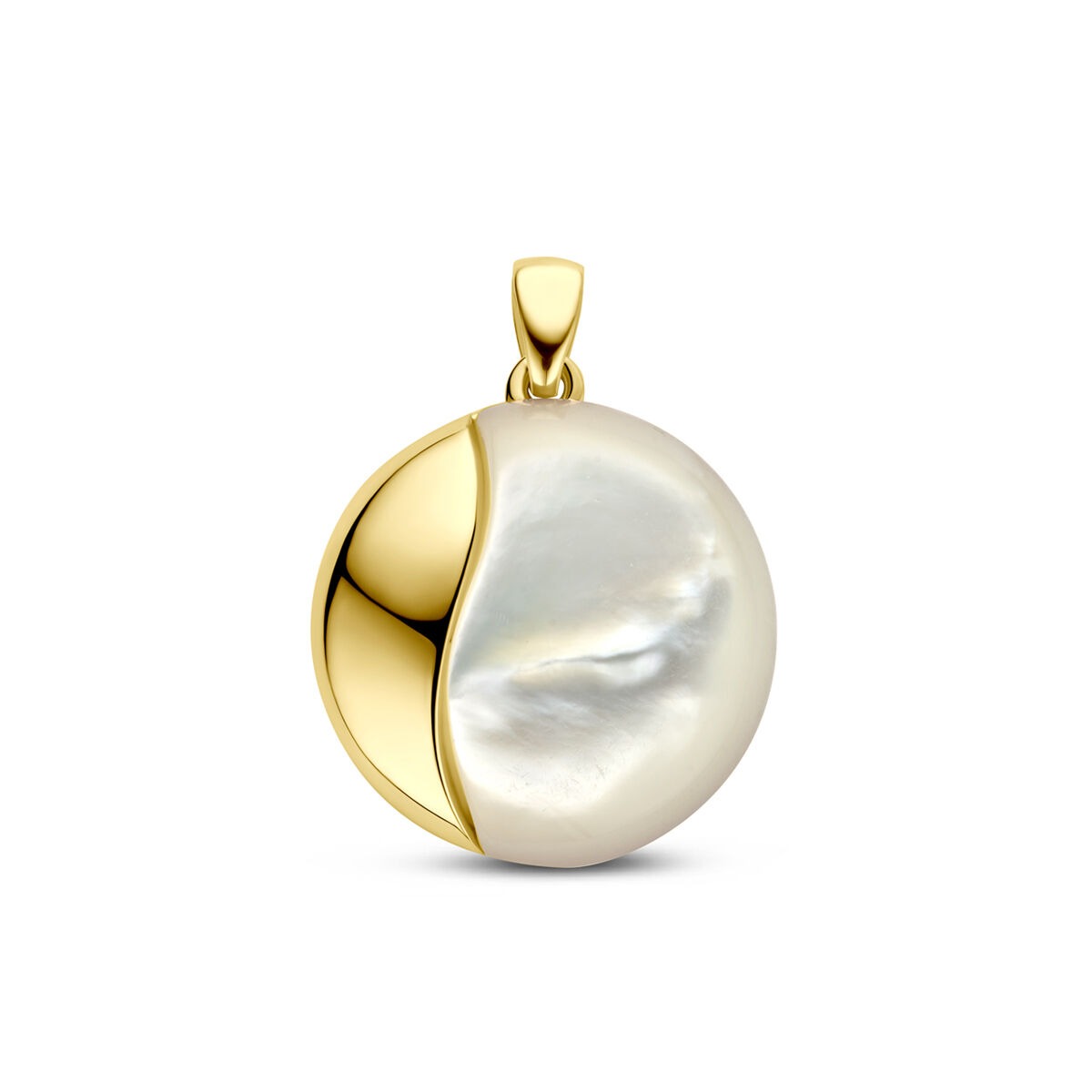 Pendentif en or jaune 14 carats avec une finition en nacre, forme ronde de 20 mm.