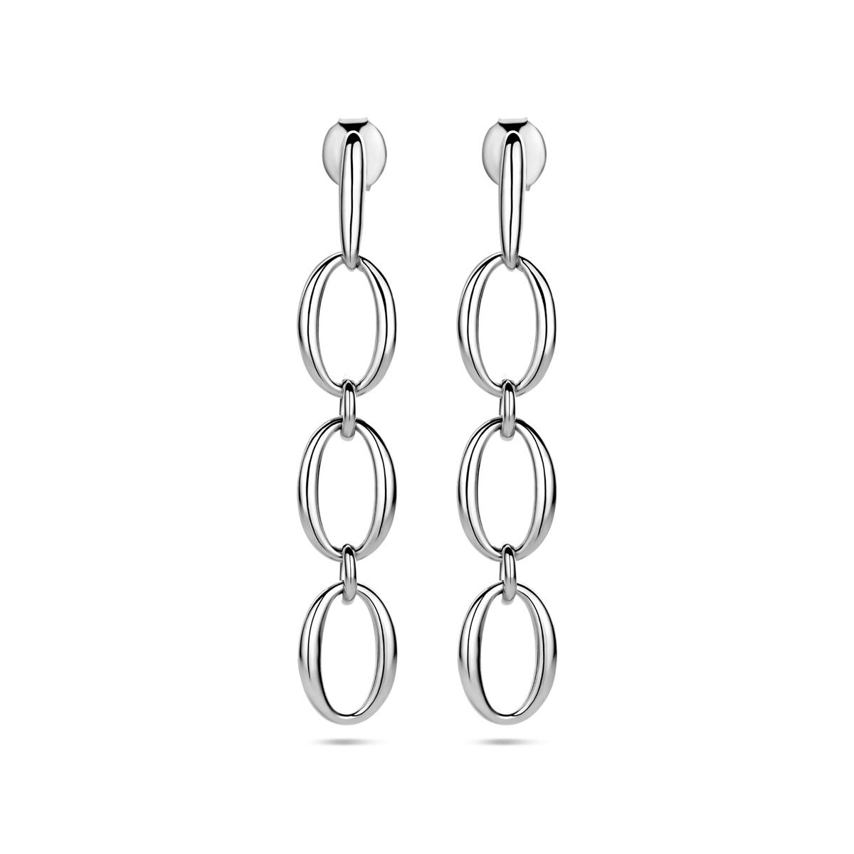 Boucles d'oreilles en argent rhodié de 45 mm avec des anneaux entrelacés.