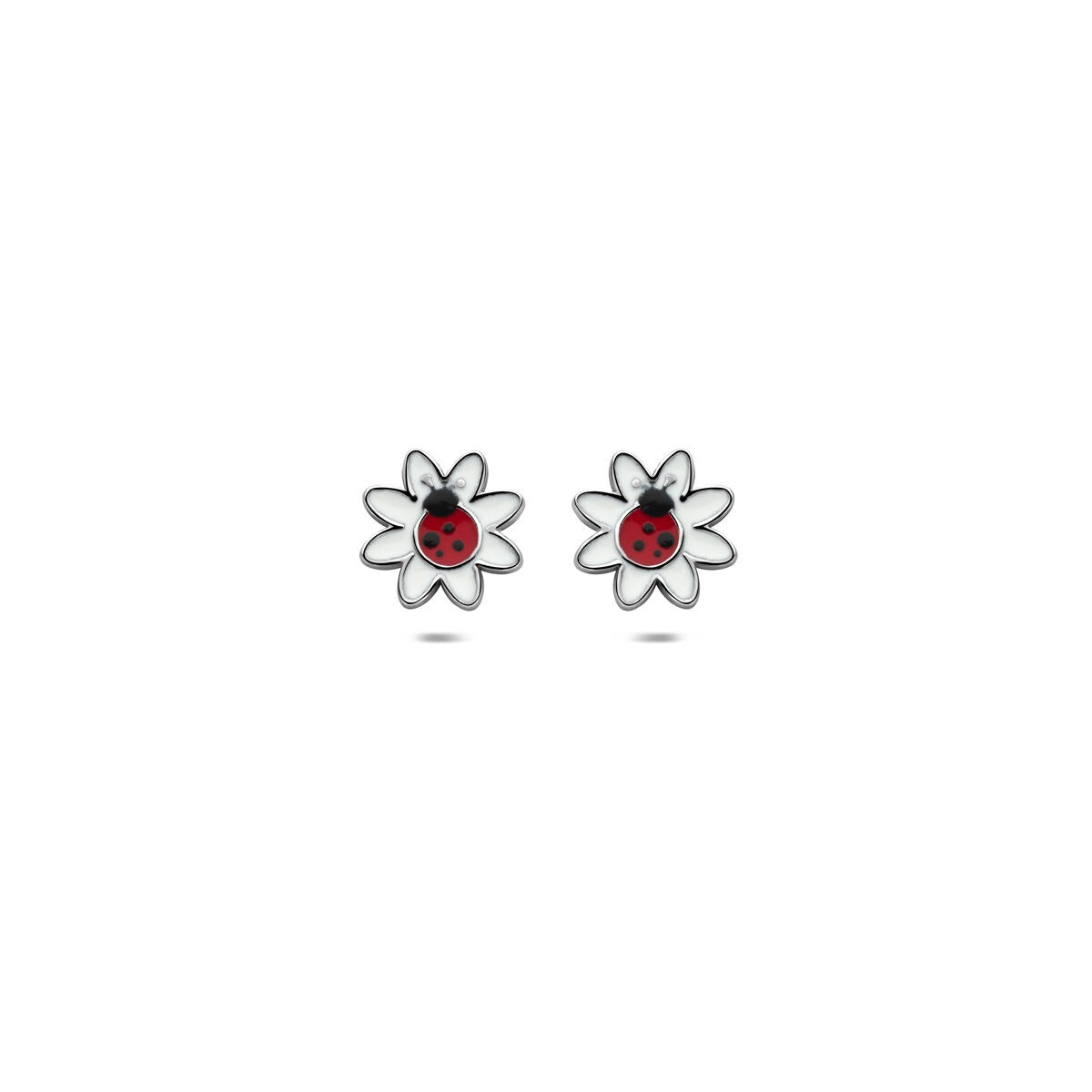 Zilveren kinder oorknoppen in de vorm van een bloem met een lieveheersbeestje, gerhodineerd 925 zilver, 7 mm.