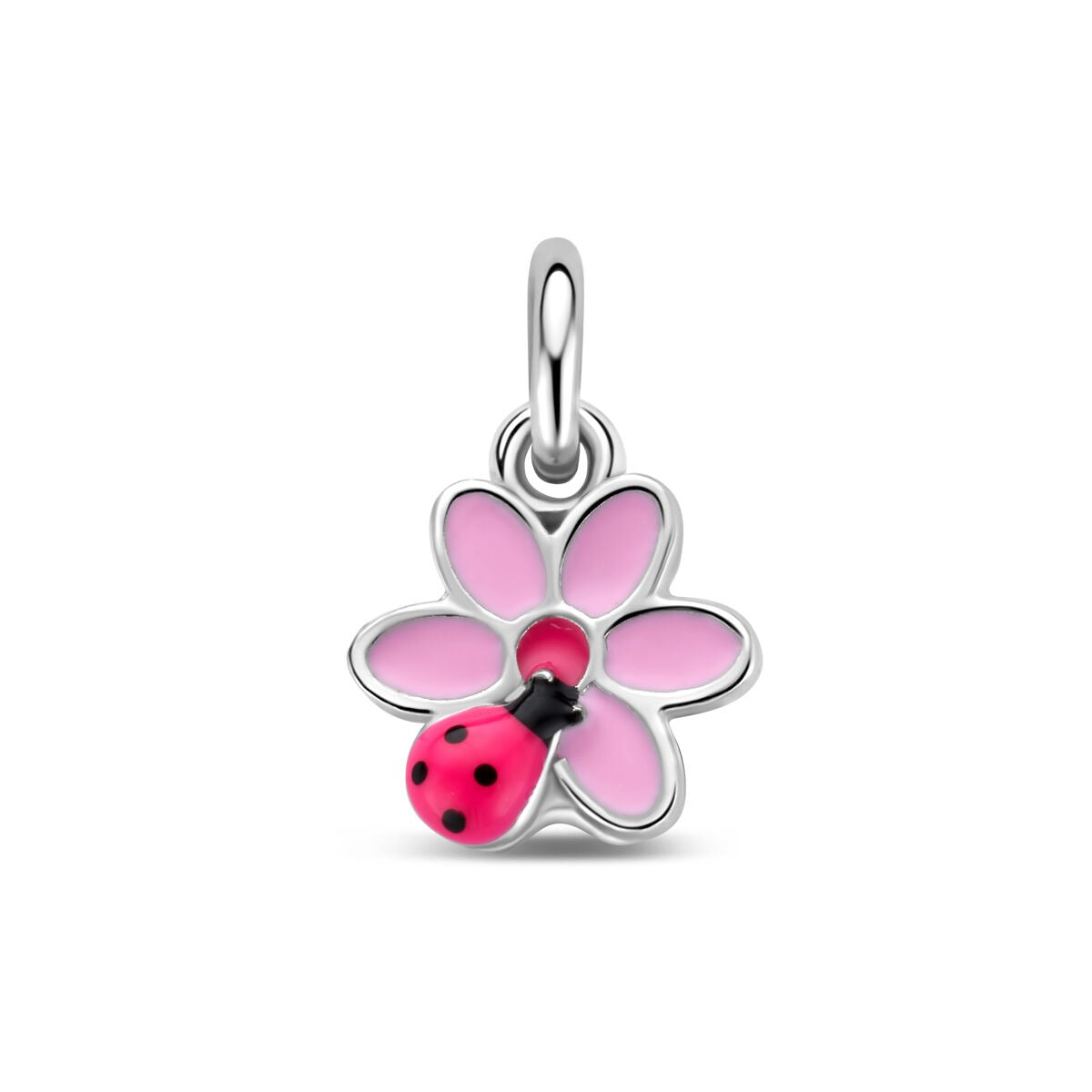 Pendentif en argent 925 rhodié en forme de fleur rose avec un coccinelle rouge.