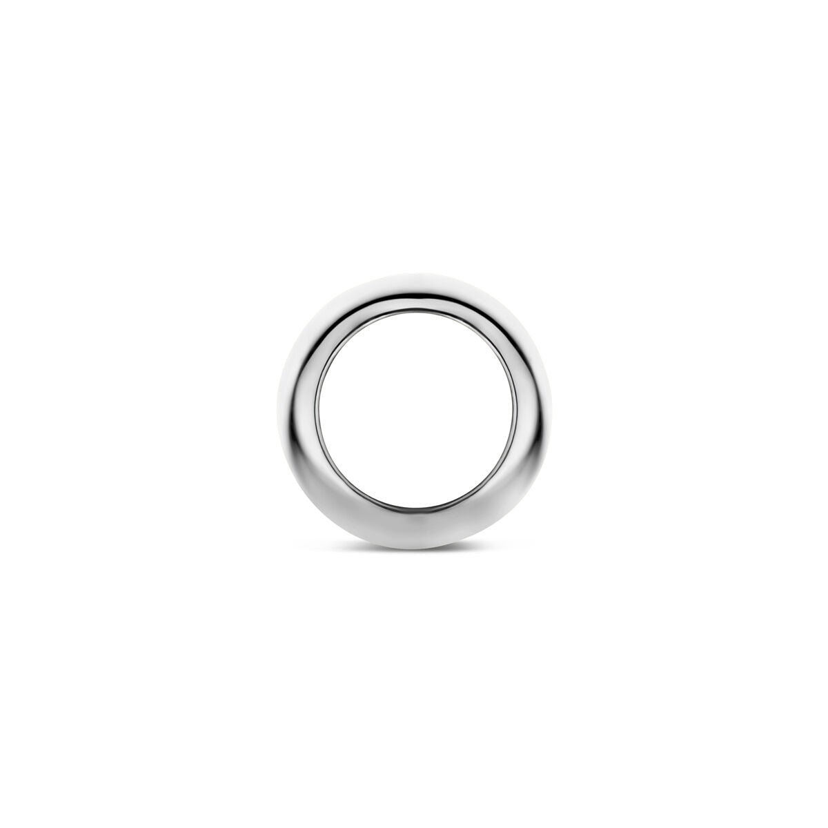 Pendentif rond en or blanc 14 carats, finition lisse et brillante.