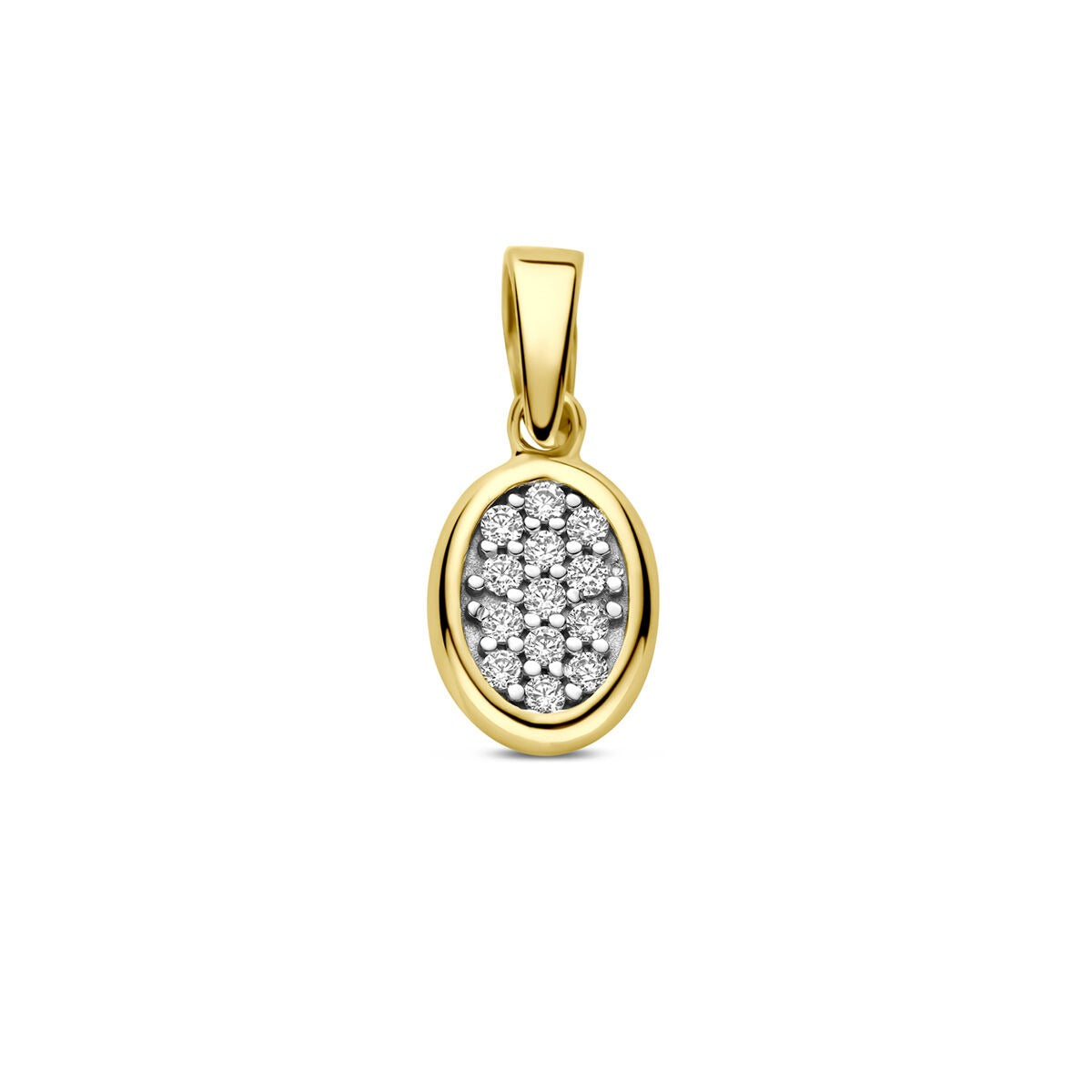Pendentif en or jaune 14 carats avec zircons, forme ovale et pavé de pierres brillantes.
