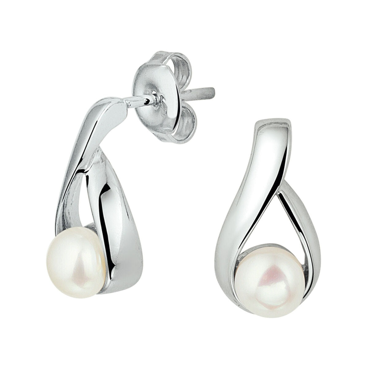 Boucles d'oreilles en argent rhodié avec une perle blanche.