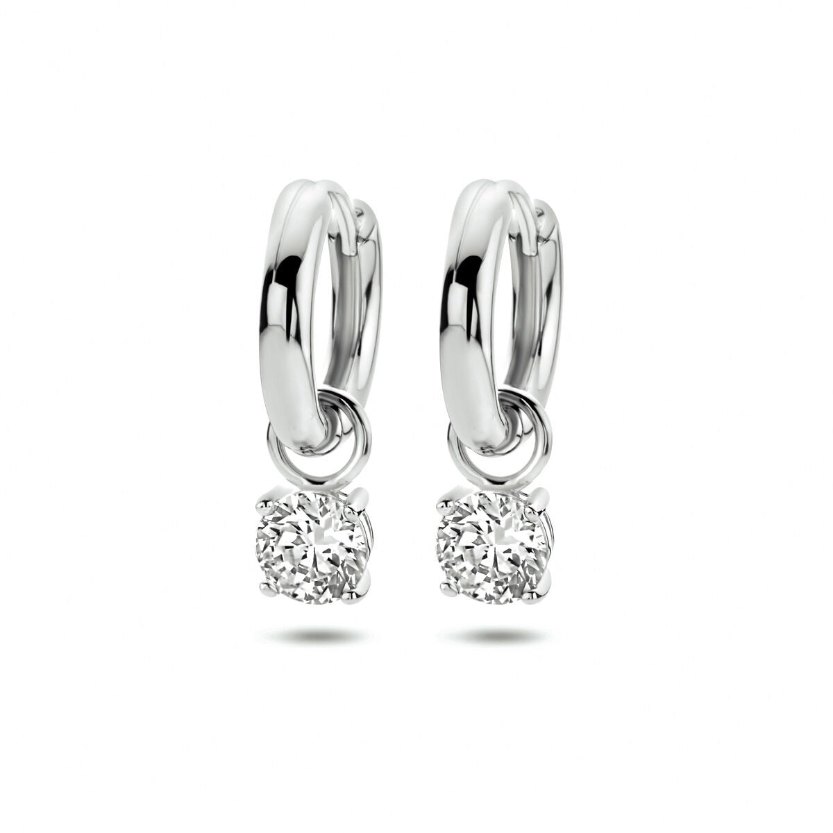 Boucles d'oreilles en argent rhodié avec pendentif en zirconium, forme ronde.