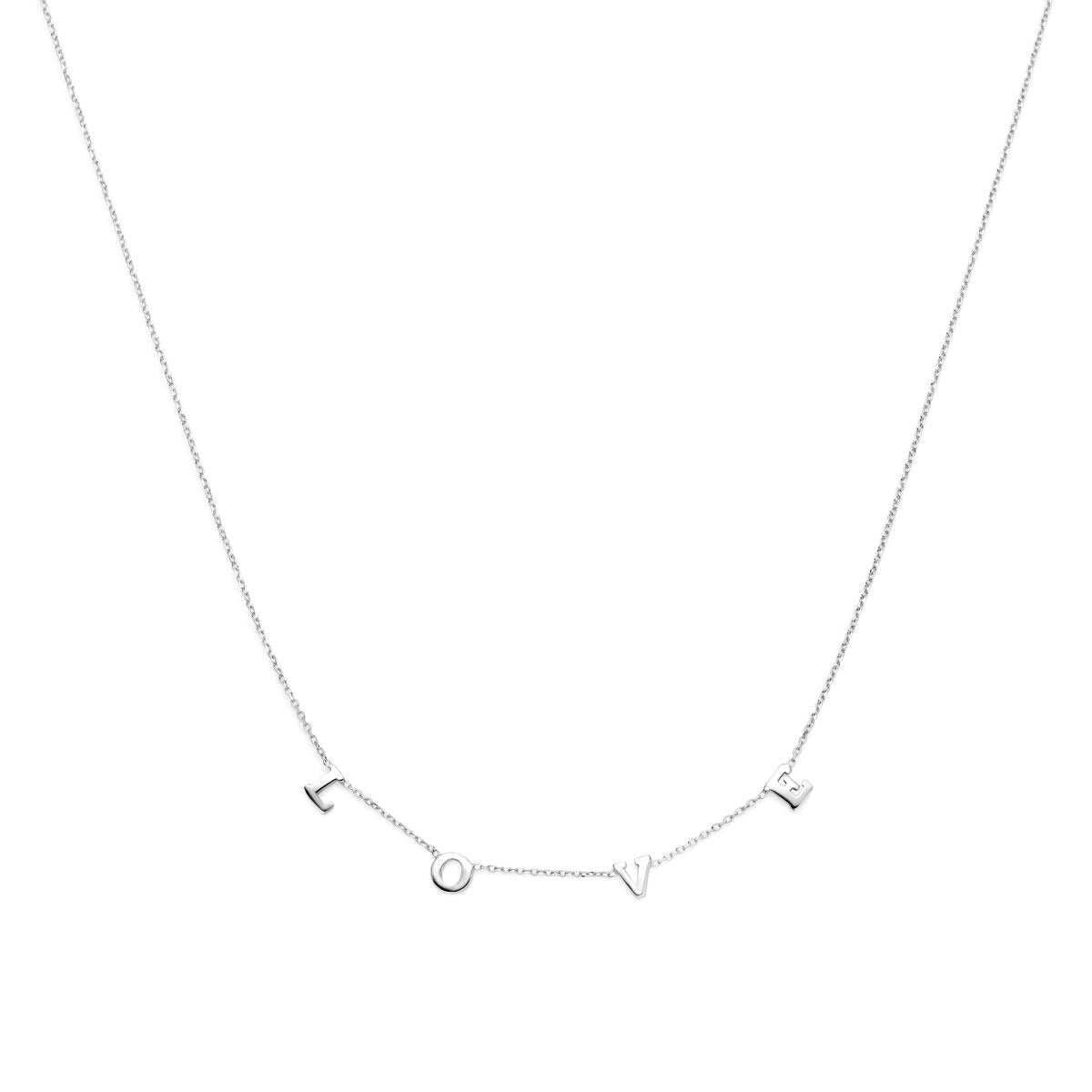 Collier en argent rhodié avec les lettres 'l', 'o', 'v' et 'e' pour femme.