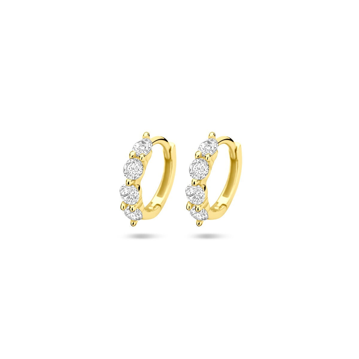 Vergulde zilveren klapoorringen met vijf zirkonia's, diameter 12,5 mm, glanzende afwerking.