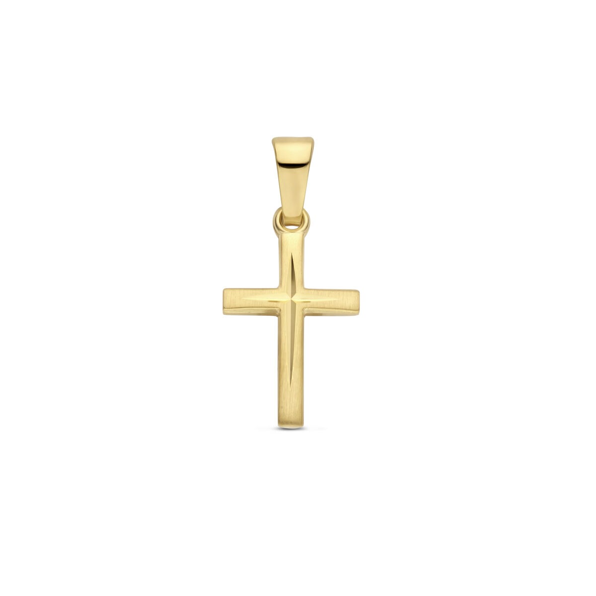 Pendentif croix en or jaune 14 carats, finition mate et diamantée.