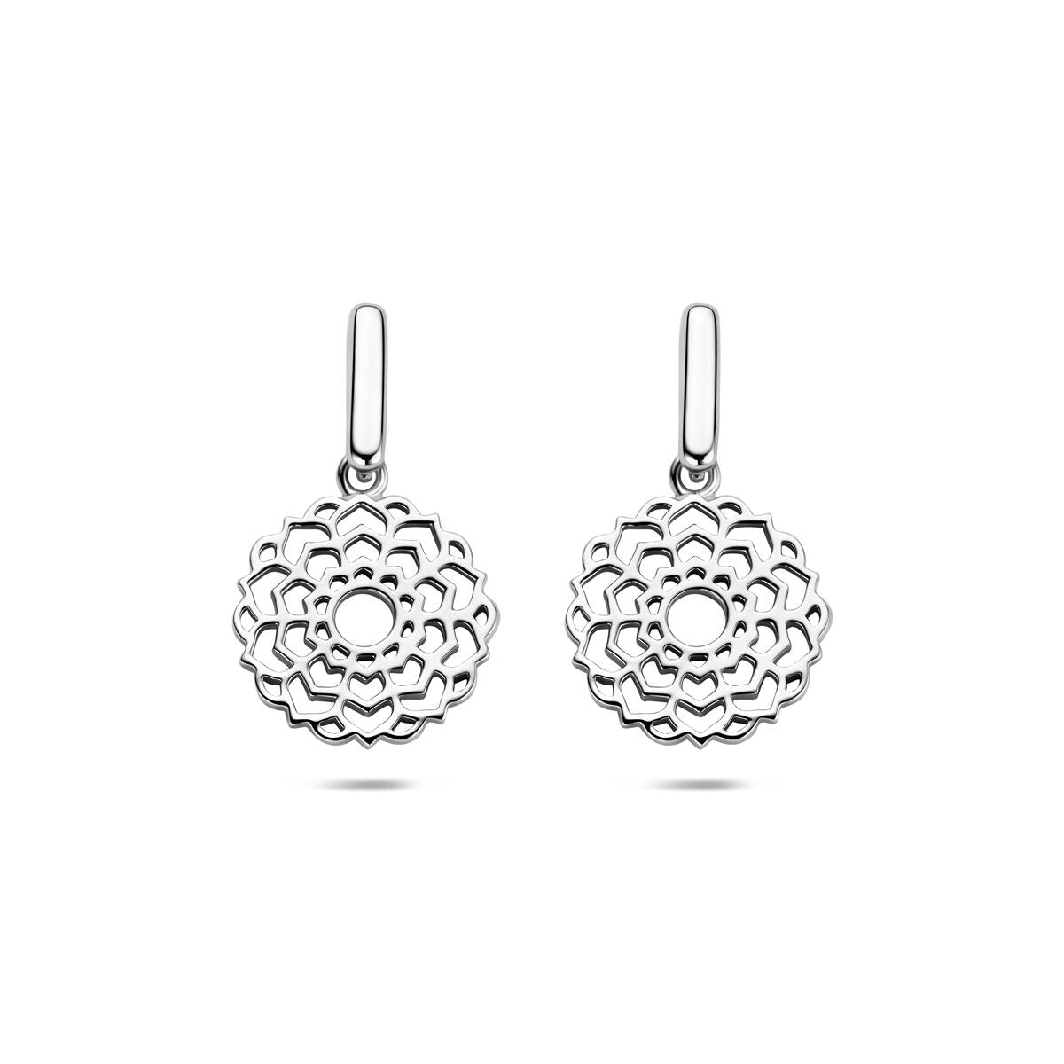 Boucles d'oreilles en argent rhodié en forme de fleur avec un motif ajouré.