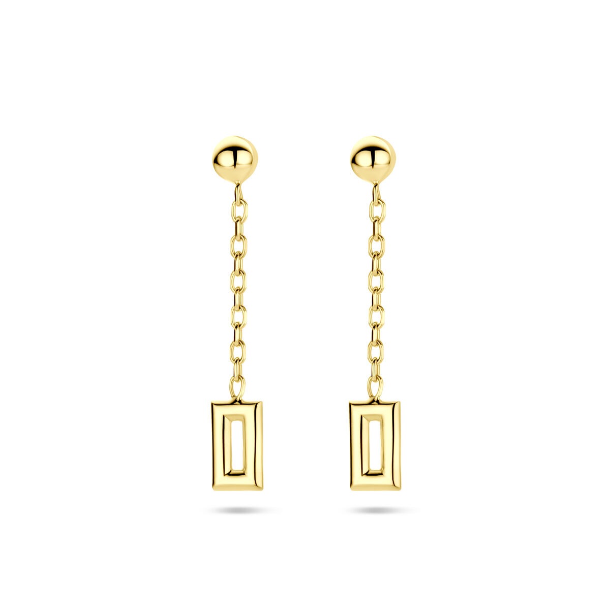 Boucles d'oreilles en or jaune de 14 carats avec des chaînes et des pendentifs rectangulaires, mesurant 28 mm.