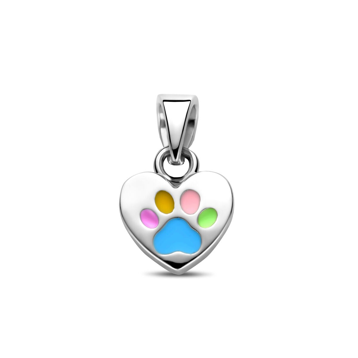 pendentif en forme de cœur en argent avec empreinte de patte colorée.