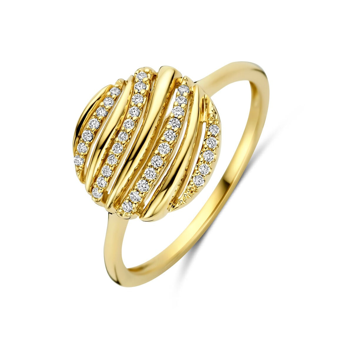 Bague en or jaune 14 carats avec un design rond, ornée de diamants de 0,09 ct.