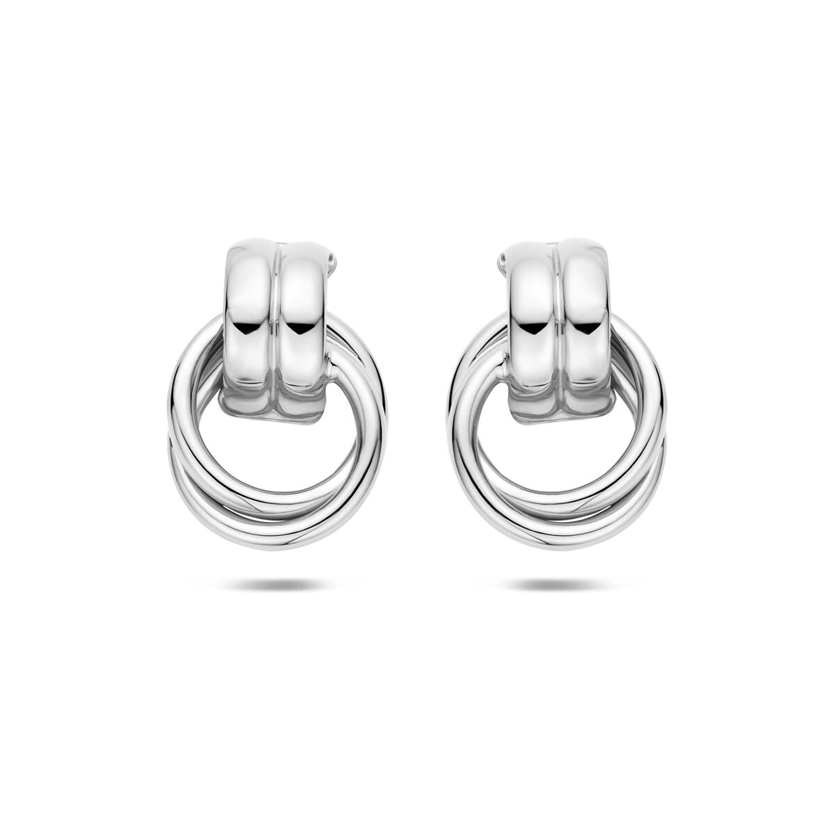 Boucles d'oreilles en argent 925 rhodié, forme ronde avec deux cercles entrelacés, dimensions 20 x 13,5 mm.