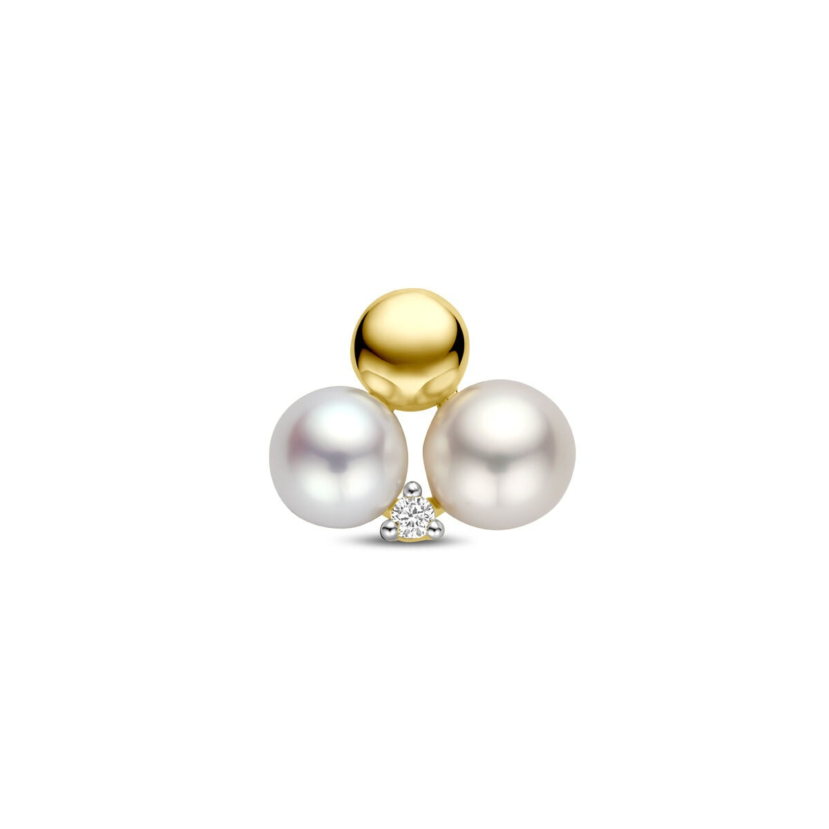 Pendentif en or 14 carats avec perle et diamant de 0,02 ct, diamètre de 11 mm.