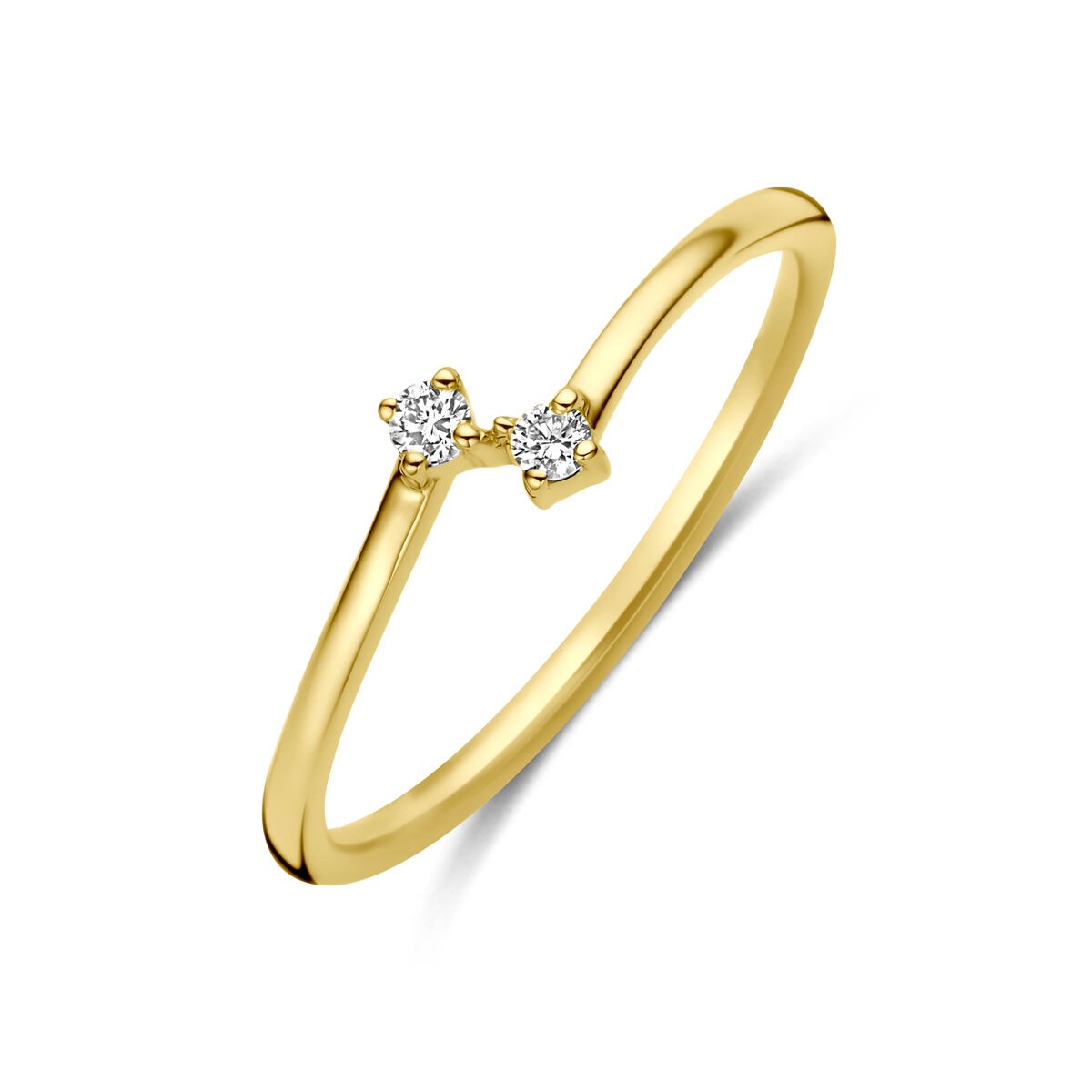 Bague en or jaune 14 carats avec deux diamants de 0,05 ct.