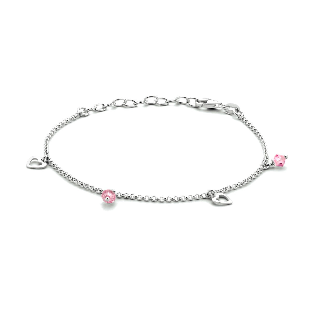 Bracelet jonc en argent rhodié 925 avec pierres roses et pendentifs en forme de cœur.