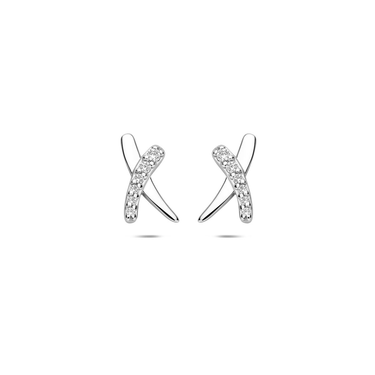 Boucles d'oreilles en argent avec zirconiums en sertissage pavé, forme croisée.