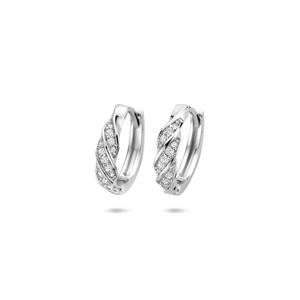 Boucles d'oreilles en argent 925 rhodié avec zirconiums, de forme torsadée.