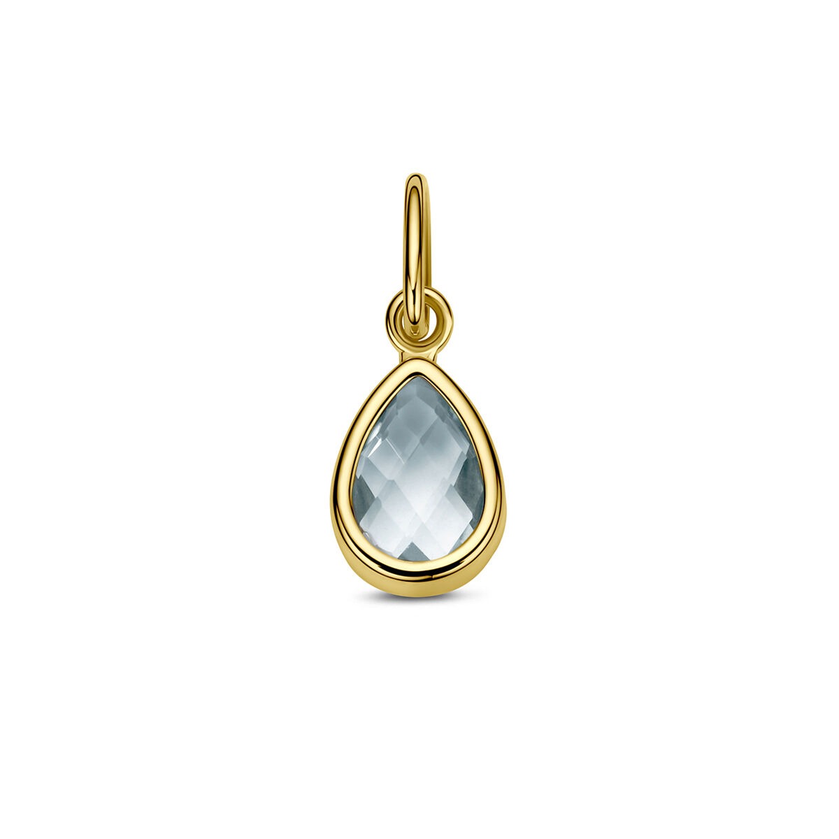 Pendentif en or jaune 9 carats avec topaze bleue en forme de goutte.