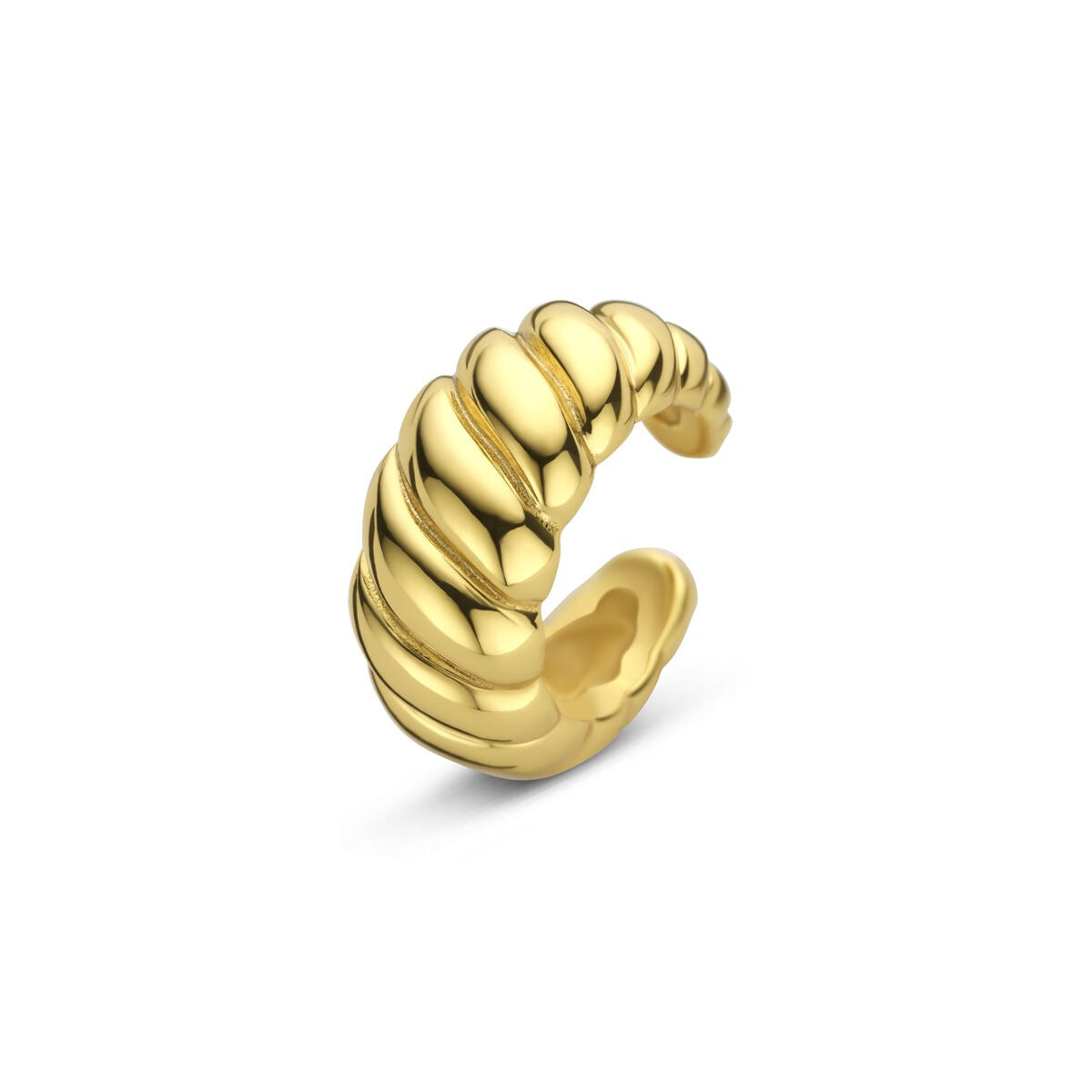Ear cuff en or doré en forme ondulée, offrant une élégance moderne sans piercing.