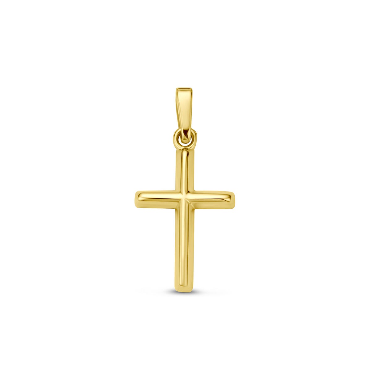 Pendentif croix en or jaune 9 carats, finition lisse et brillante.
