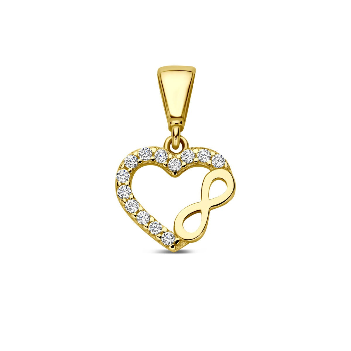 Pendentif en or jaune 9 carats en forme de cœur avec symbole infini et zircons.