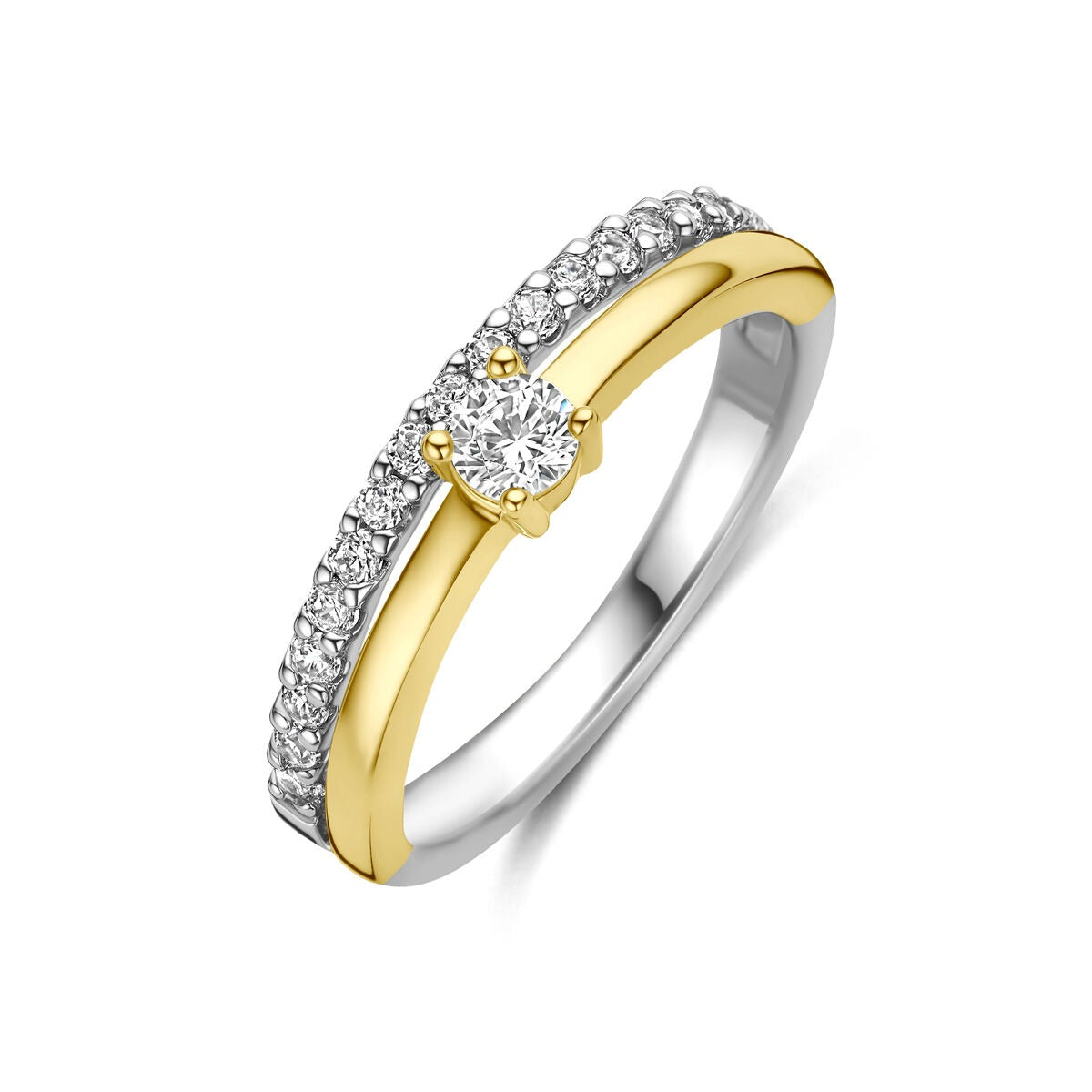 Bague en argent rhodié et doré avec zirconia, ornée de pierres brillantes sur les côtés.