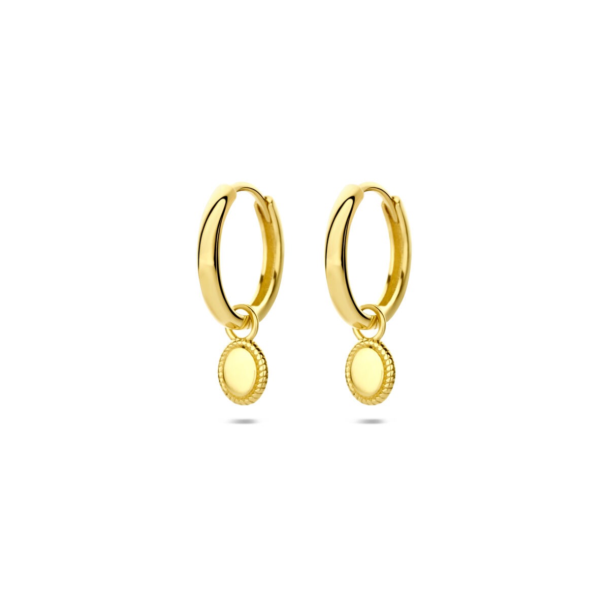 Boucles d'oreilles en or jaune 14 carats avec pendentifs ronds, finition brillante.