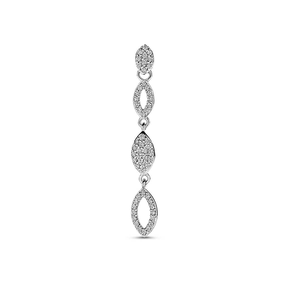 Zilveren hanger van gerhodineerd 925 zilver met drie ovalen schakels, bezet met zirkonia.