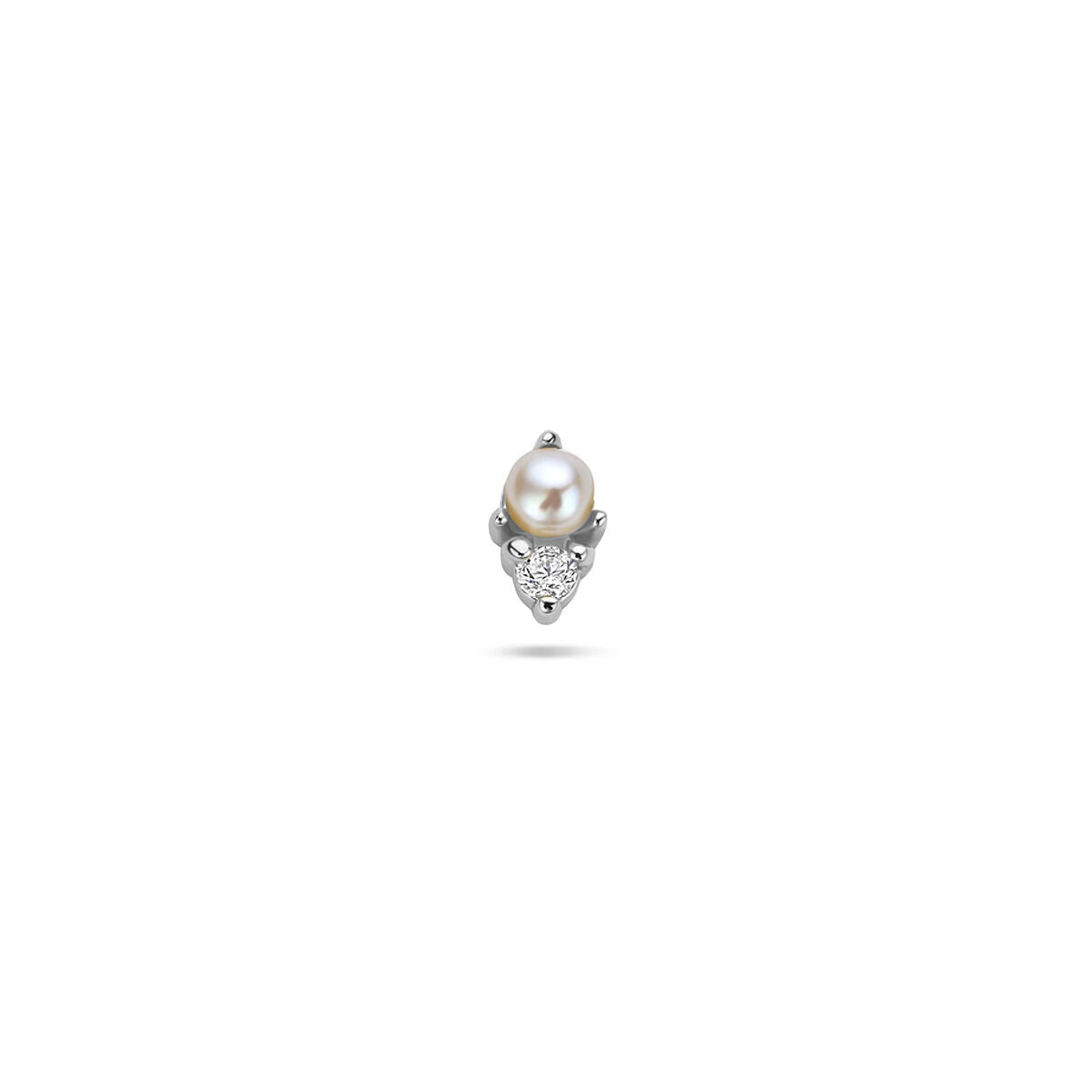 Piercing en argent rhodié avec perle et zirconium, forme arrondie et détails délicats.