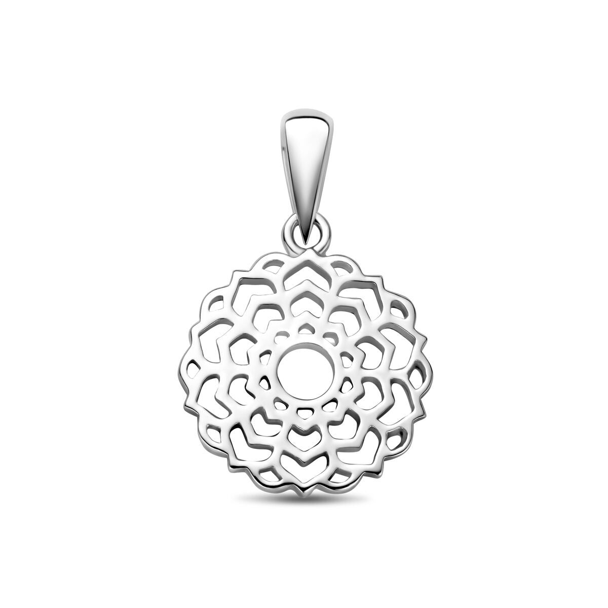 Pendentif en argent rhodié en forme de fleur avec un motif découpé.