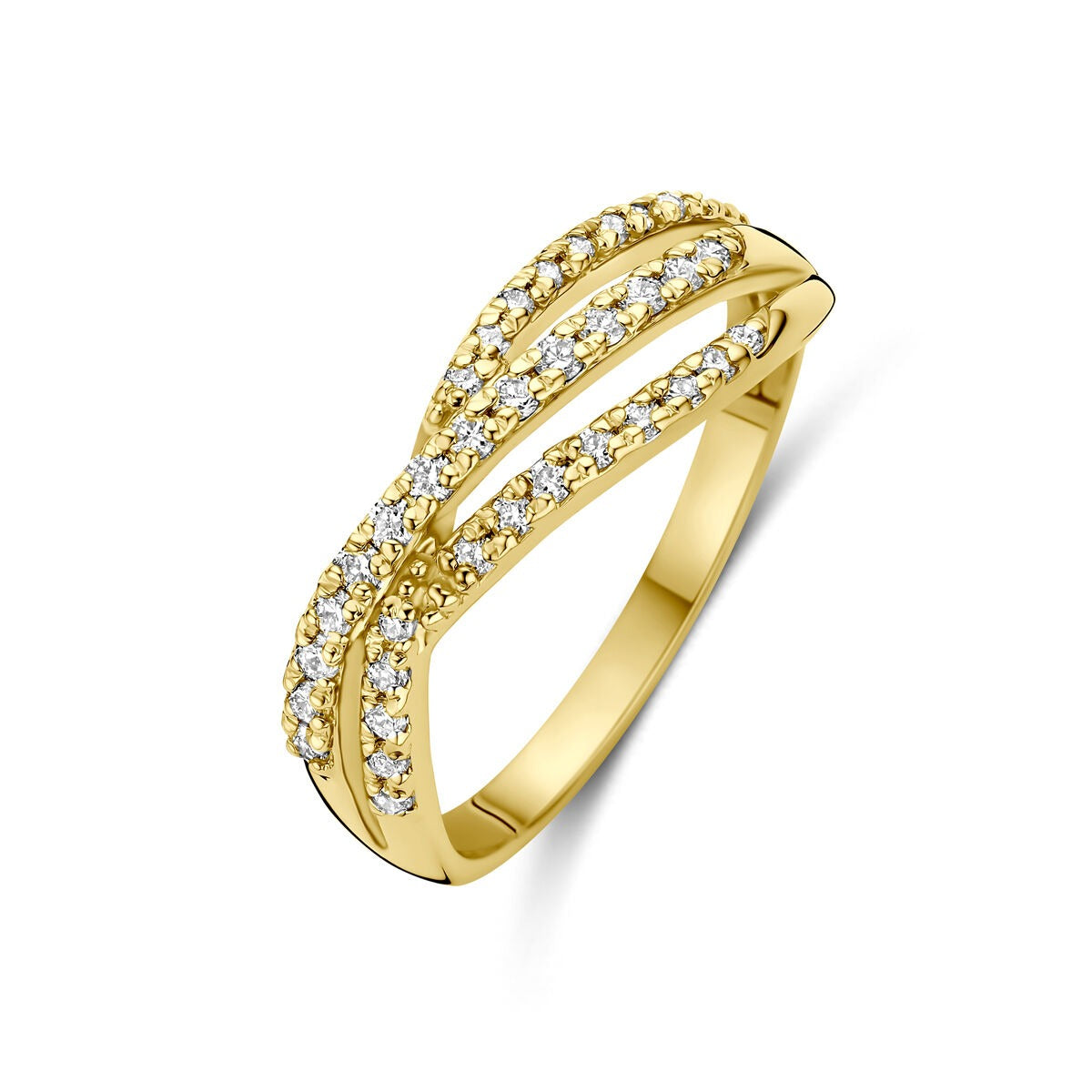 Bague en or jaune 14 carats ornée de diamants lab-grown disposés en courbes.