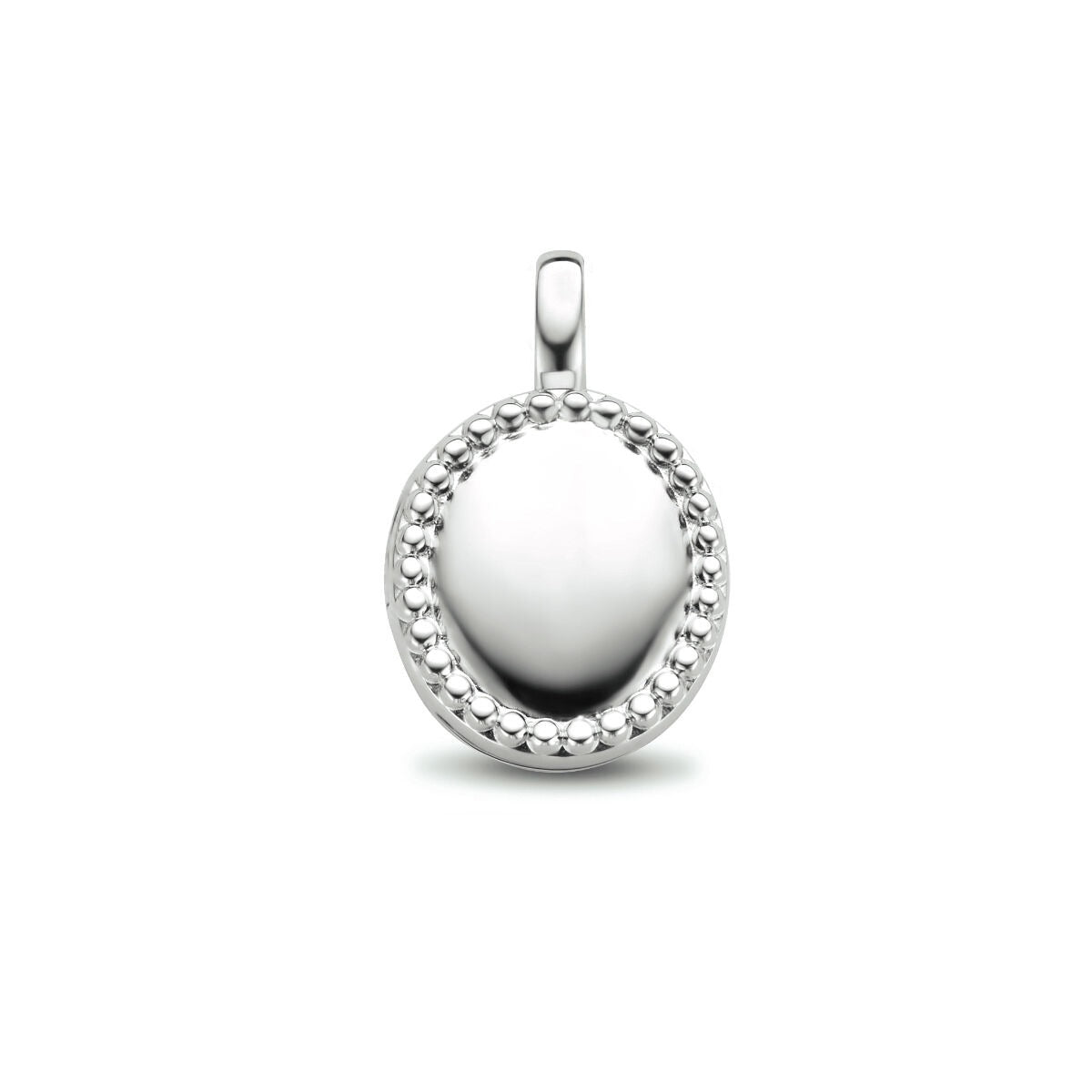 Pendentif ovale en argent avec un bord décoratif en perles.