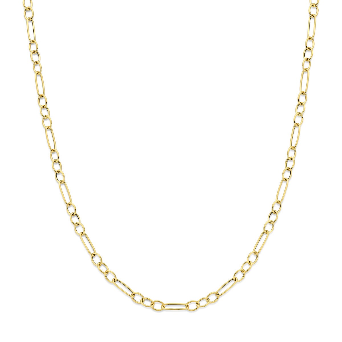Geelgouden schakel ketting met ankerdesign, bestaande uit een afwisselend patroon van ovale en ronde schakels.